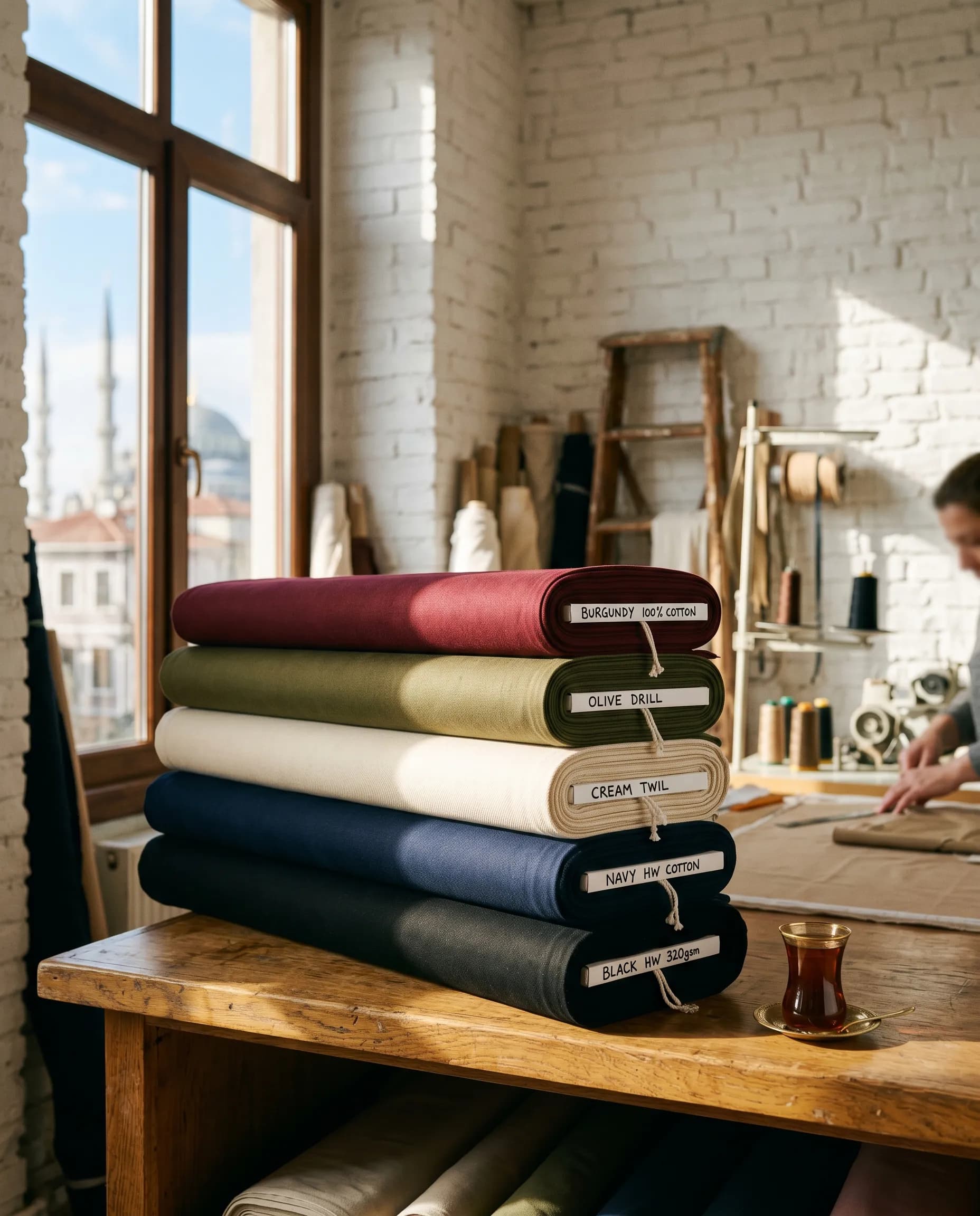 Arven atelier in Istanbul — fabric rolls